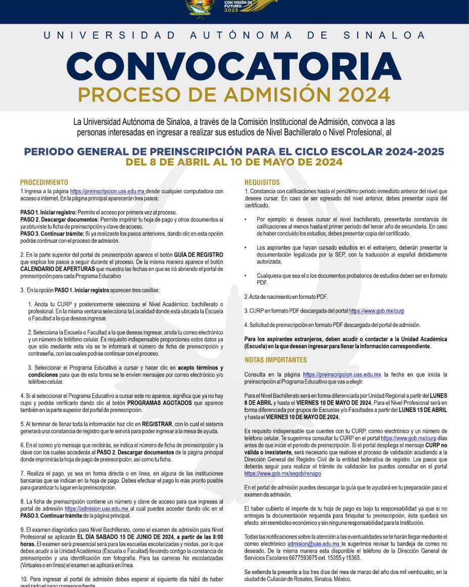 Lee más sobre el artículo Publica la UAS hoy la convocatoria de admisión al nuevo ciclo escolar.