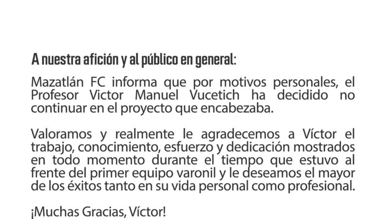 Se va Vucetich del Mazatlán FC