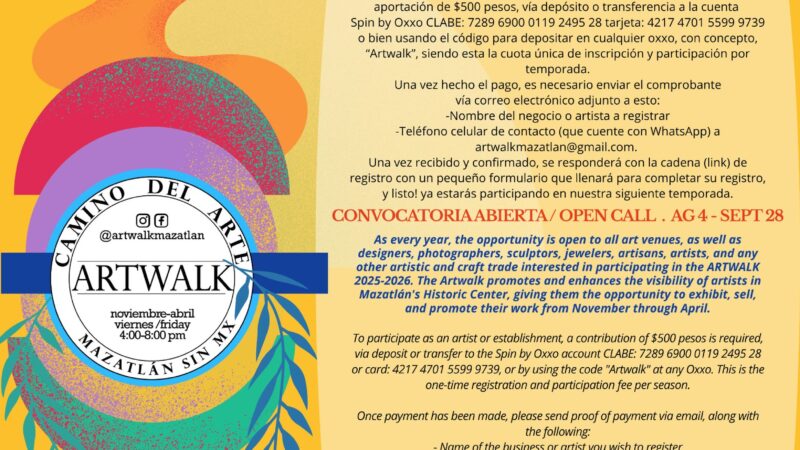 Está abierta la convocatoria para participar en Camino al Arte / Artwalk Mazatlán 2025-2026. Consulta las bases.