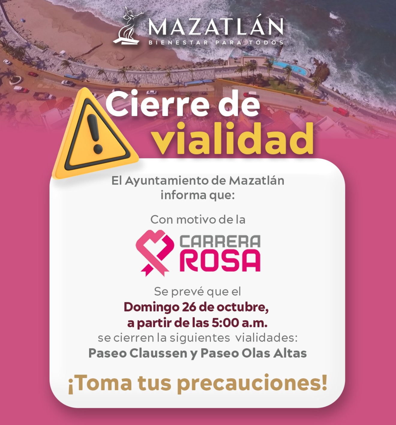Lee más sobre el artículo Paseo Claussen y Olas Altas permanecerán cerradas unas horas por “Carrera  Rosa”.