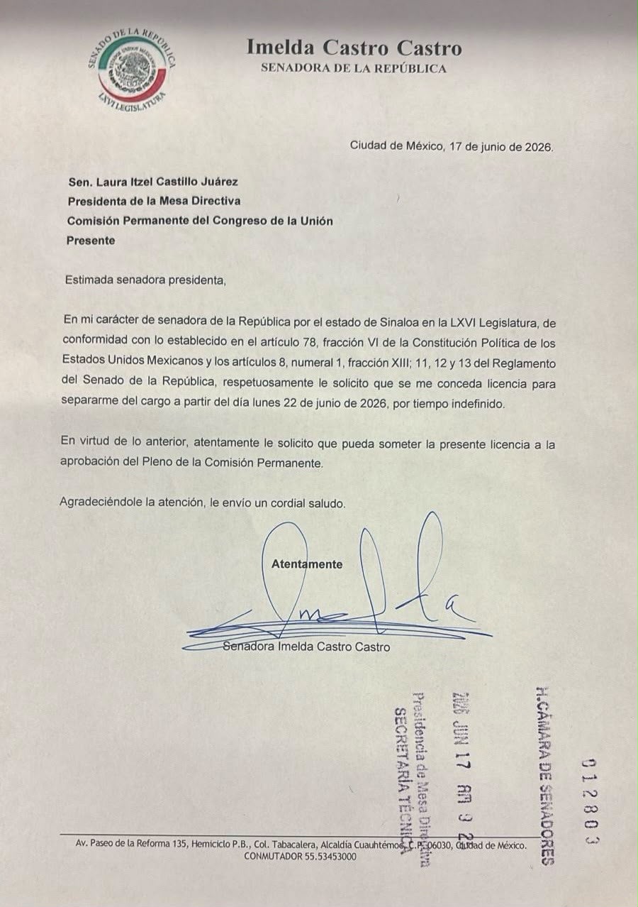 Solicita licencia para separarse del cargo la Senadora Imelda Castro