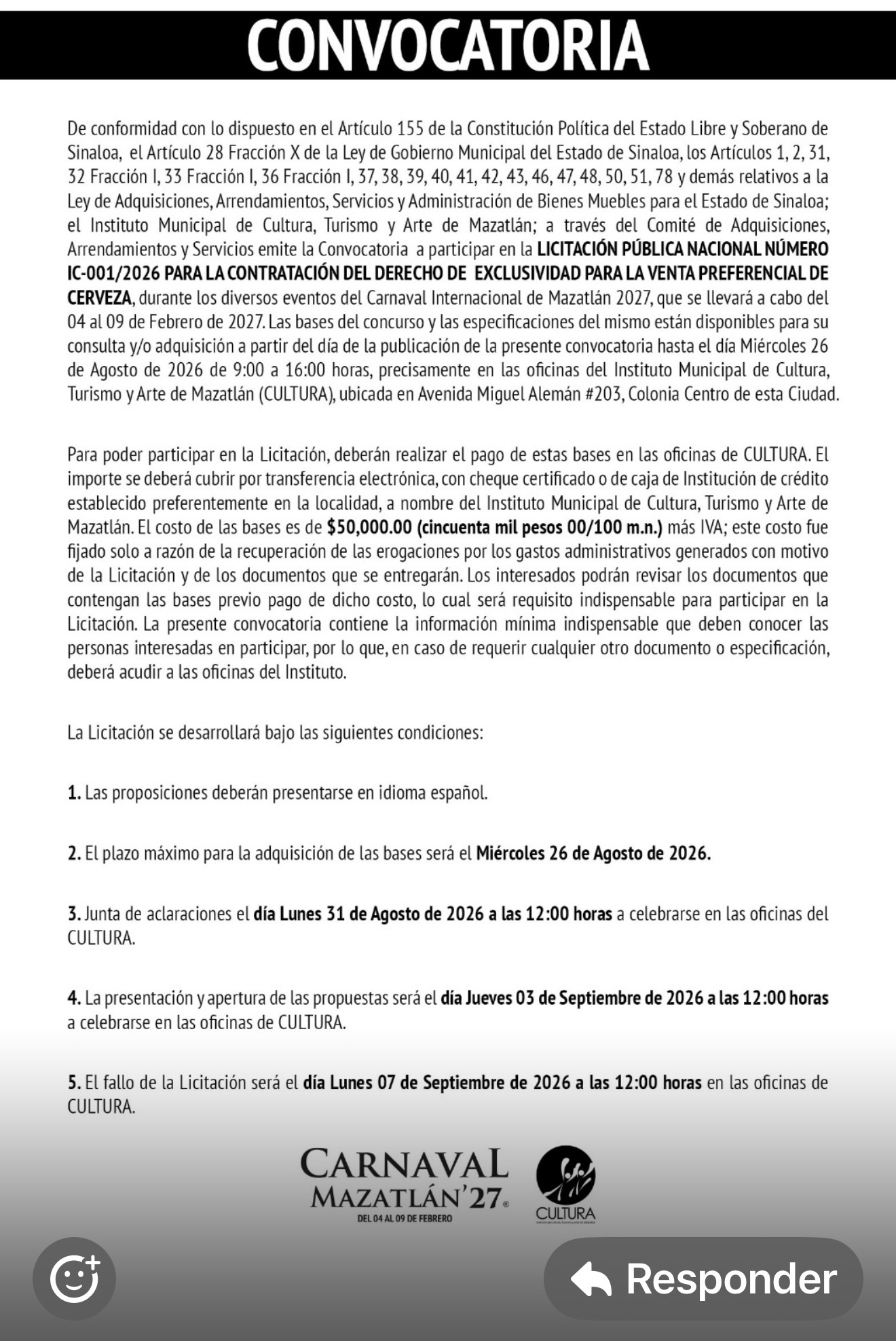 CULTURA convoca a participar en licitación para la venta preferencial de cerveza durante el Carnaval de Mazatlán 2027