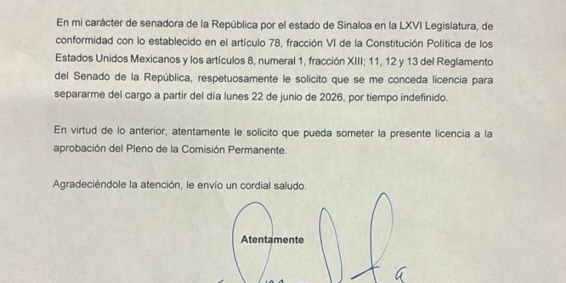 Solicita licencia para separarse del cargo la Senadora Imelda Castro